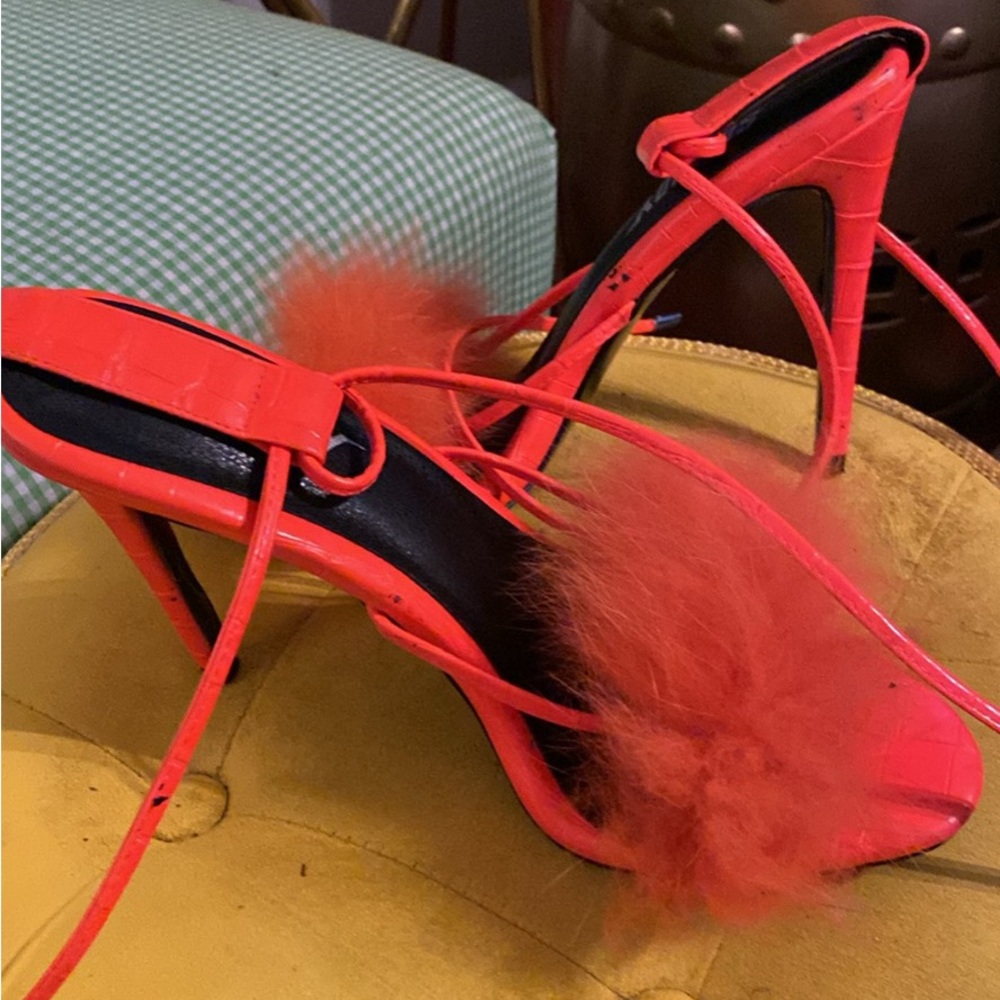 Neon Orange strappy heels  with fur toe